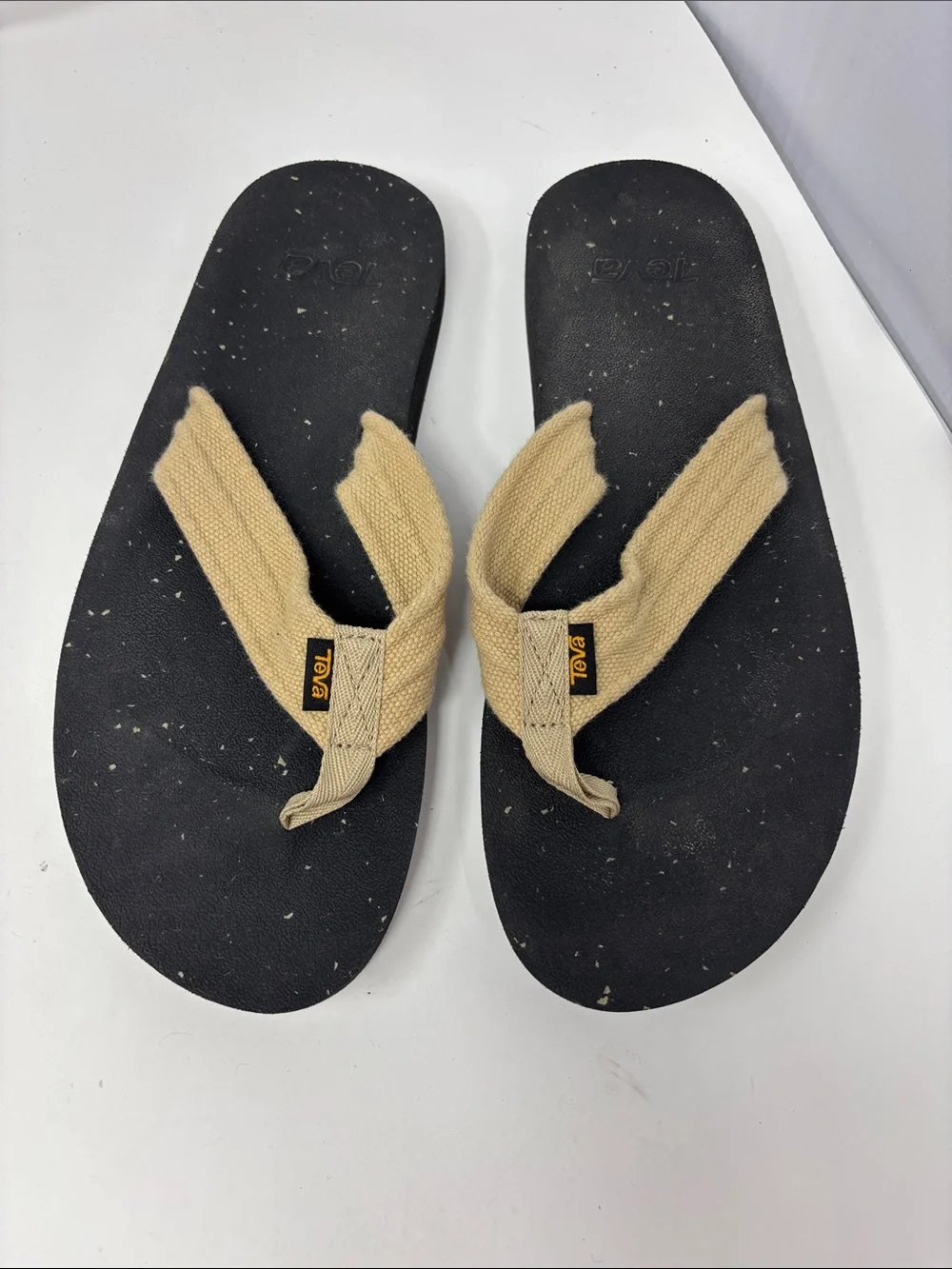 Teva | Black Footbed Flip Flops with Tan Fabric Straps 11